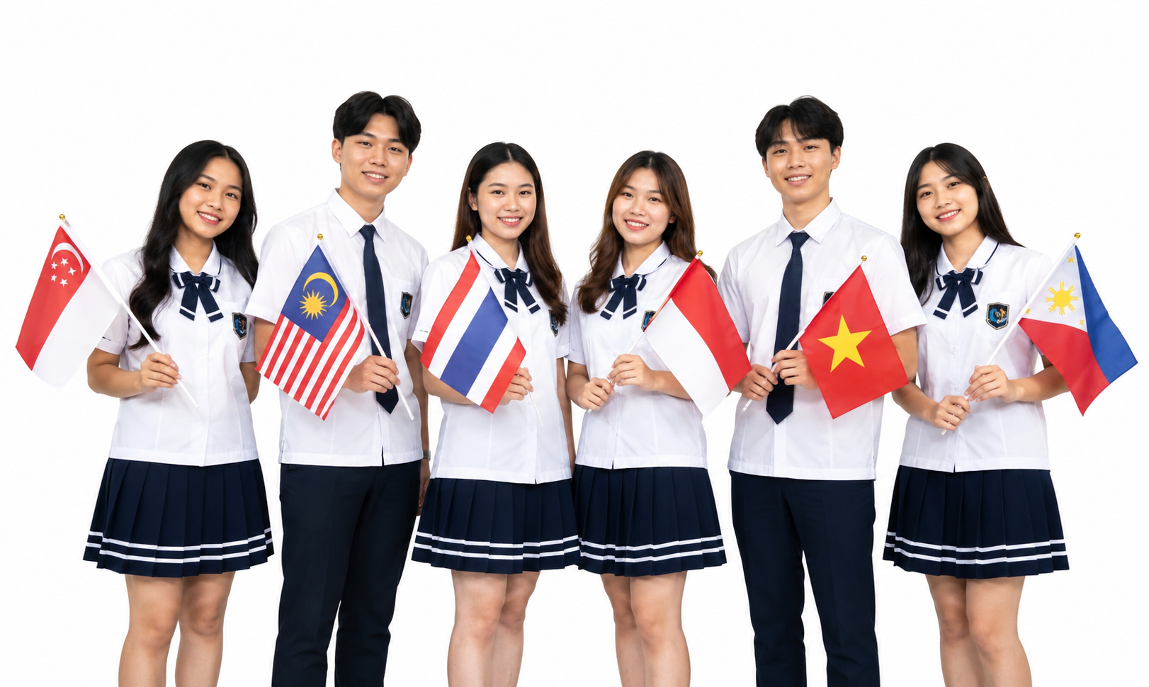 海外學生穿著制服手持多國旗幟展現國際招生形象