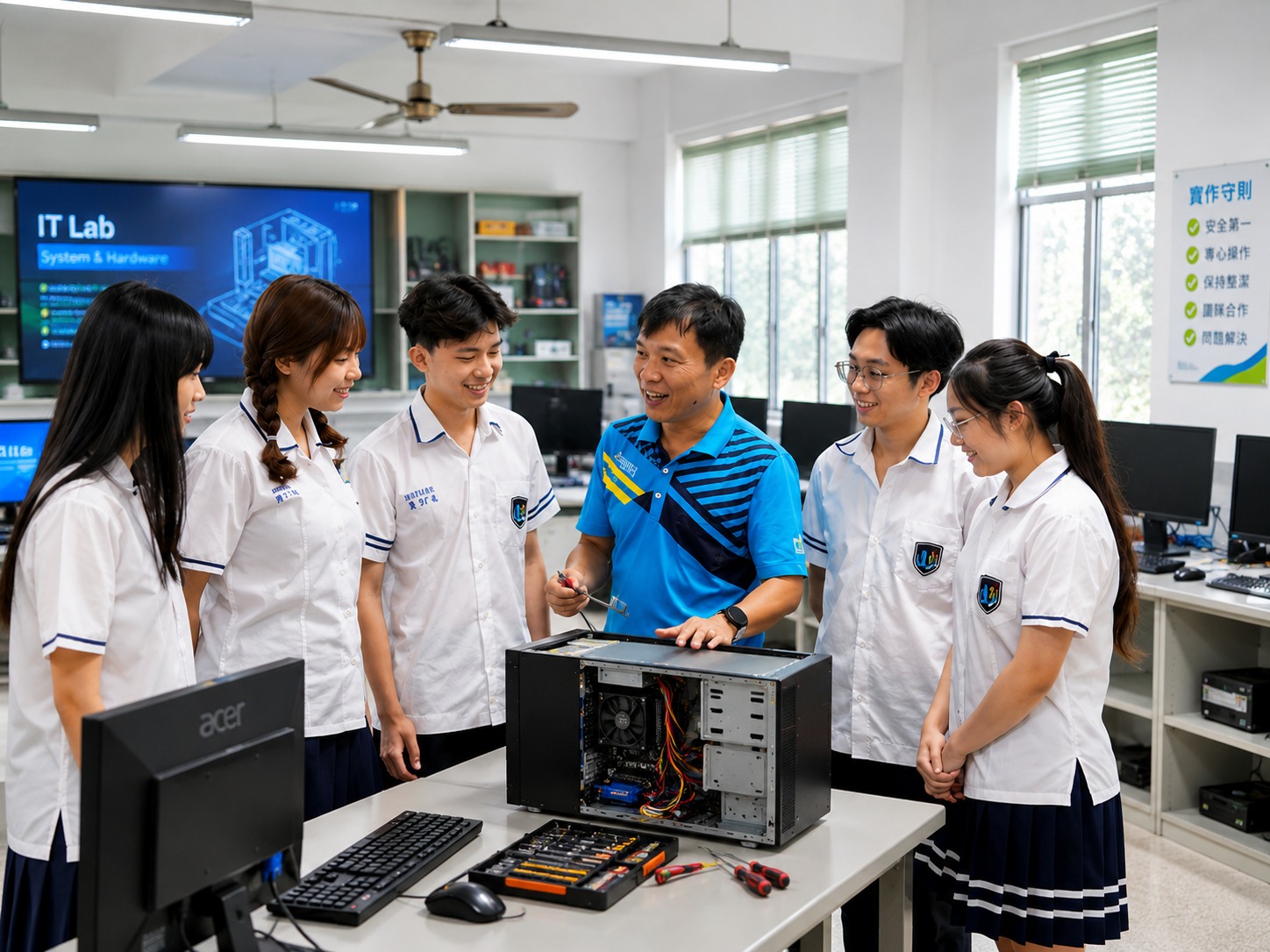 資訊科教師在現代化電腦教室指導學生進行硬體實作