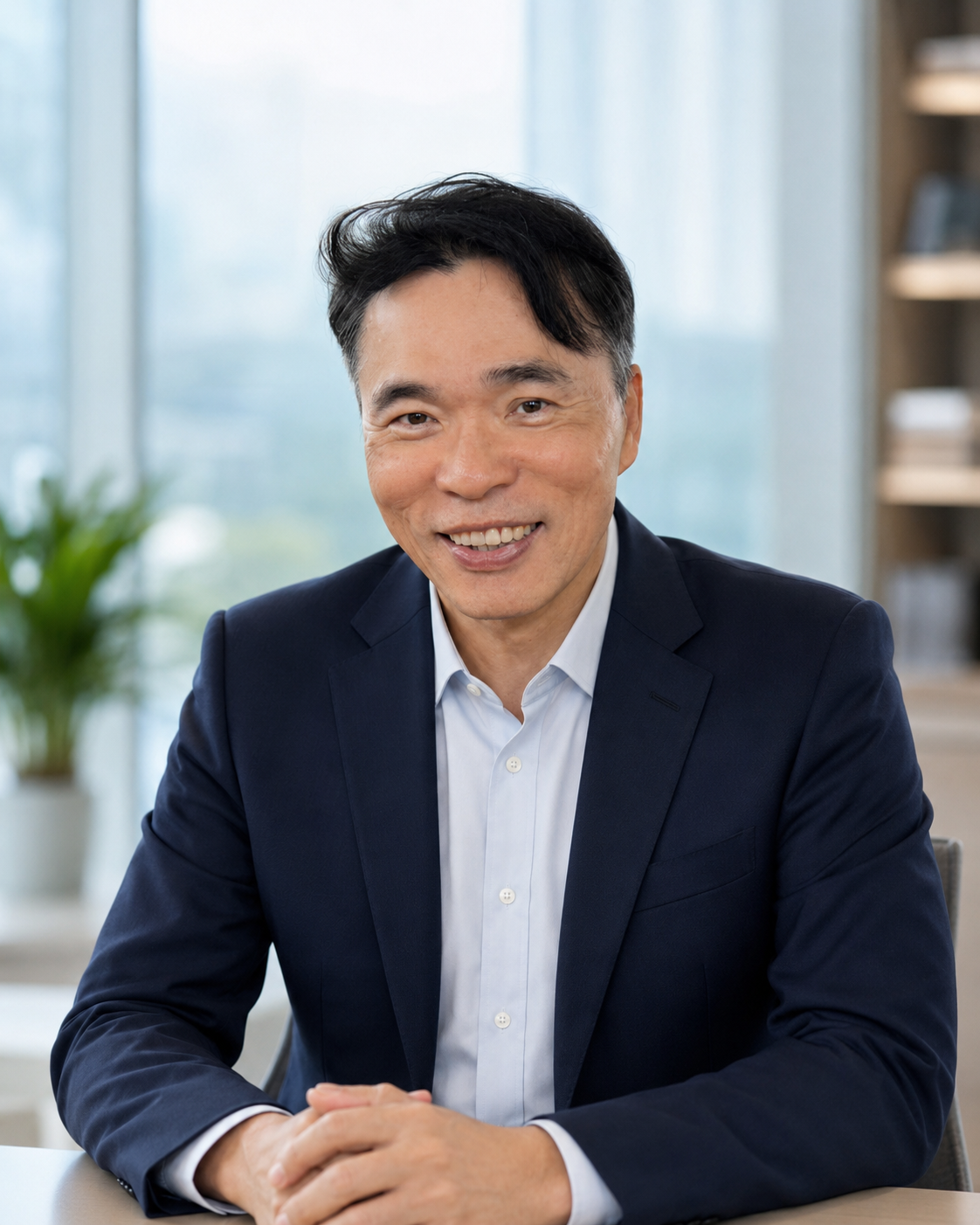 林明德董事長於明亮辦公室中的正式肖像